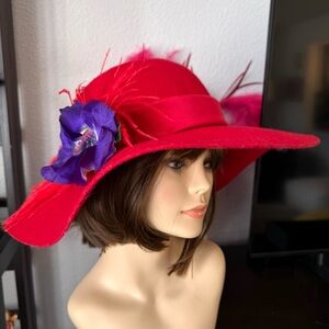 Red Wool Hat with Purple Flower and Feather